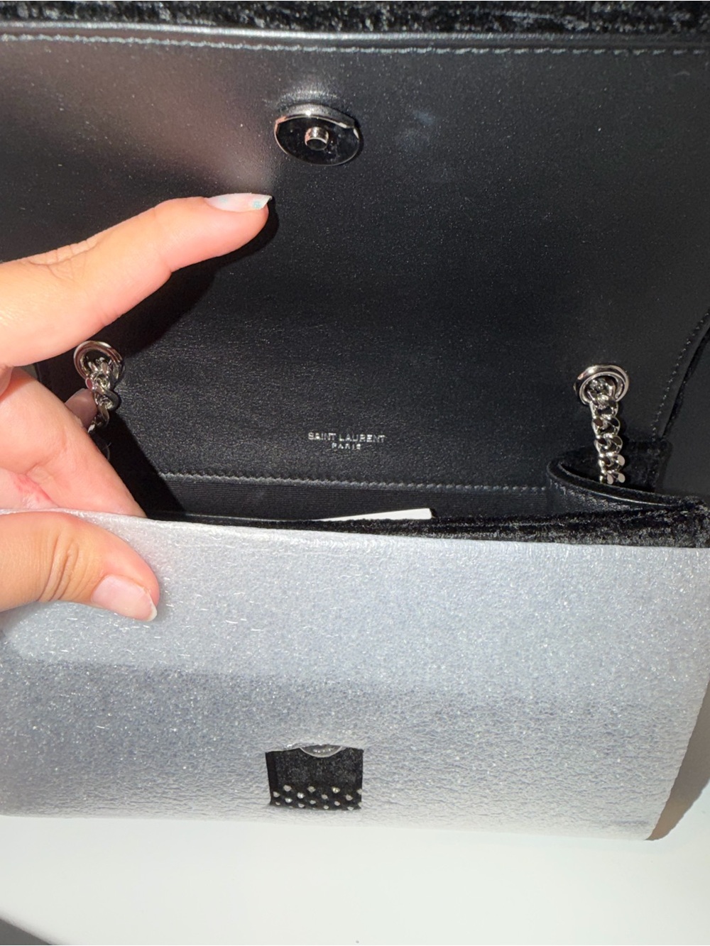 New! Saint Laurent Black Velvet
Crossbody Bag with Crystal Accents - Picture 14 of 15